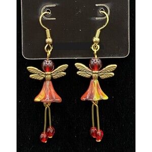 Handmade Fairy with Orange Yellow & Red Glass Bead Earrings by Neanie-Bot